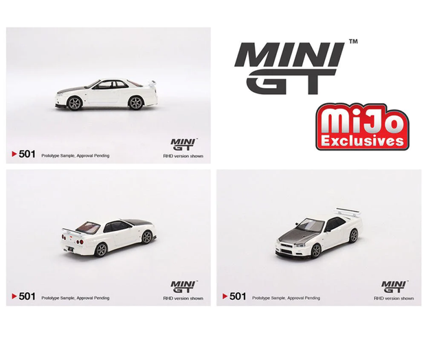 Nissan Skyline GT-R R34 V-Spec II N1 White Mini GT Mijo Exclusive